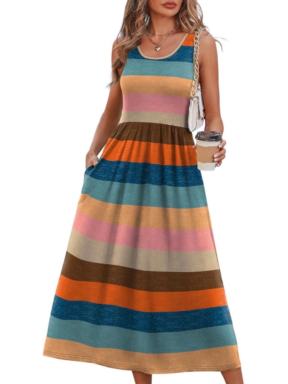 Cute & Colorful Striped Summer Sun Dress casual Flowy Boho Sundress Size Large L
